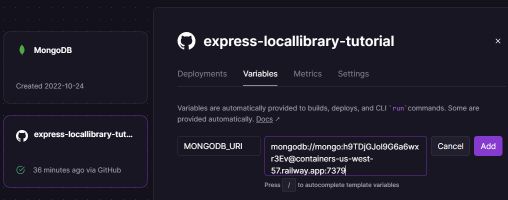 Railway-Website-Variablenbildschirm beim Hinzufügen der MONGODB_URI-Variable und -Adresse