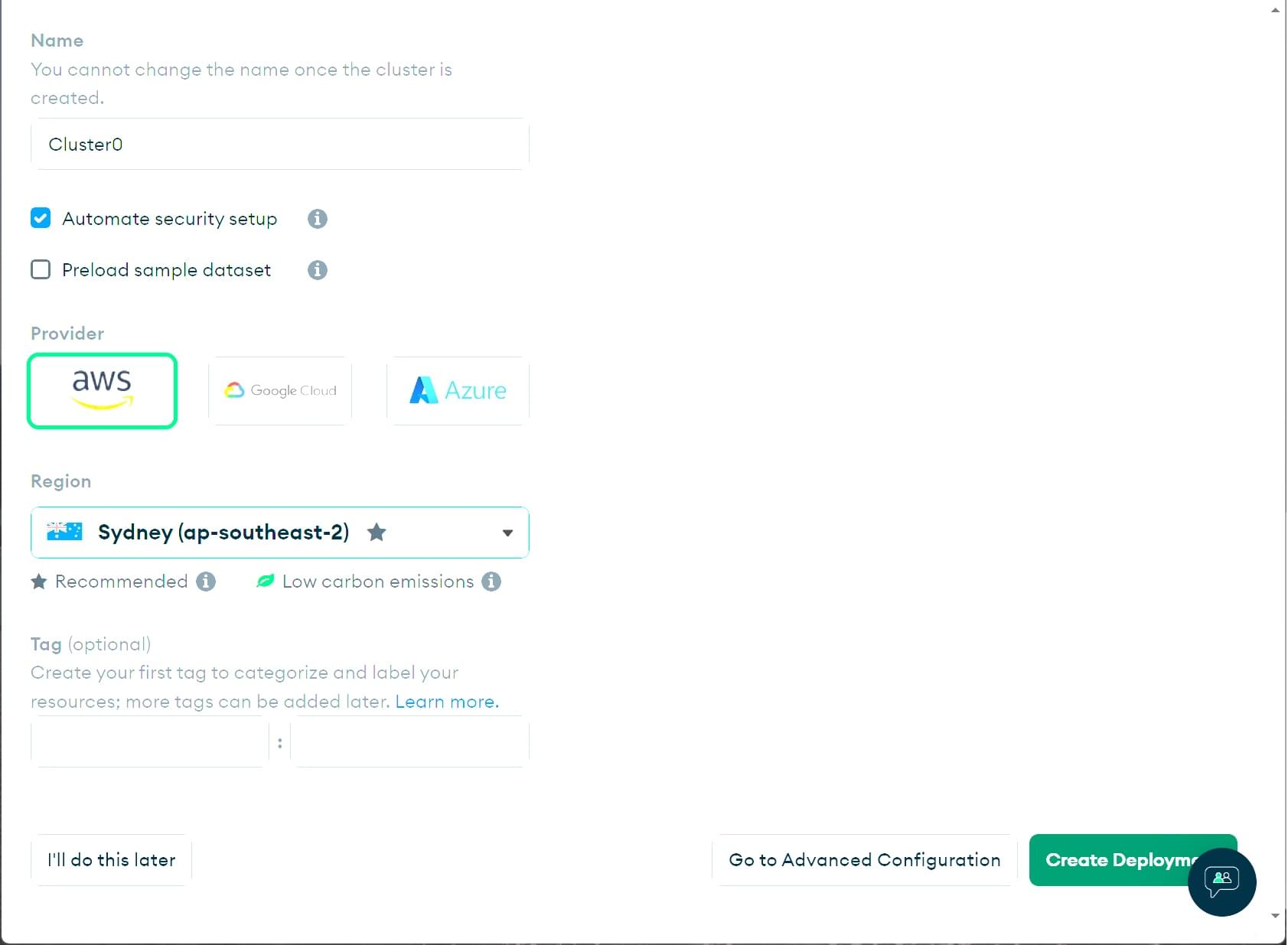 Wählen Sie einen Cloud-Anbieter bei Nutzung von MongoDB Atlas aus.